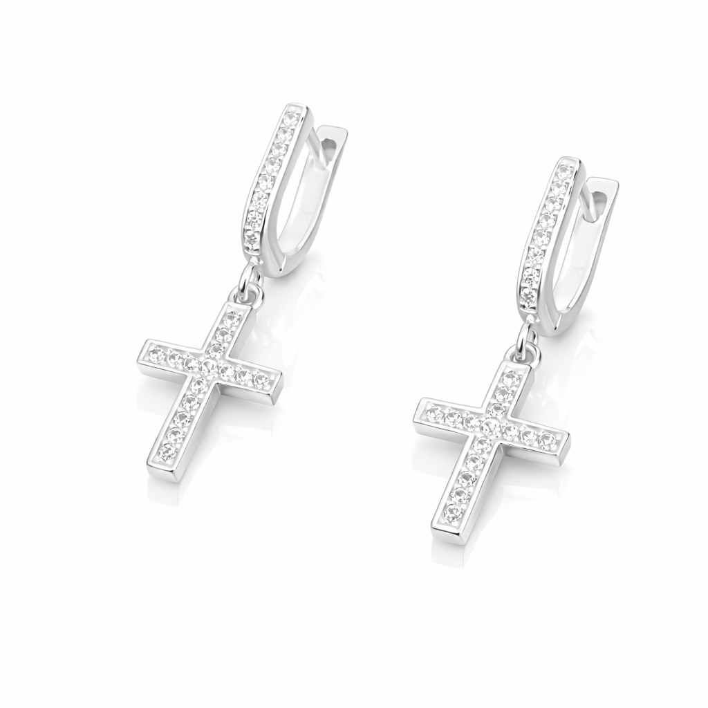 Cercei din Argint 925 cu Cruce și Zirconii Strălucitoare – Cercei Damă Eleganți cu Tortiță, 2.8 cm. CD528