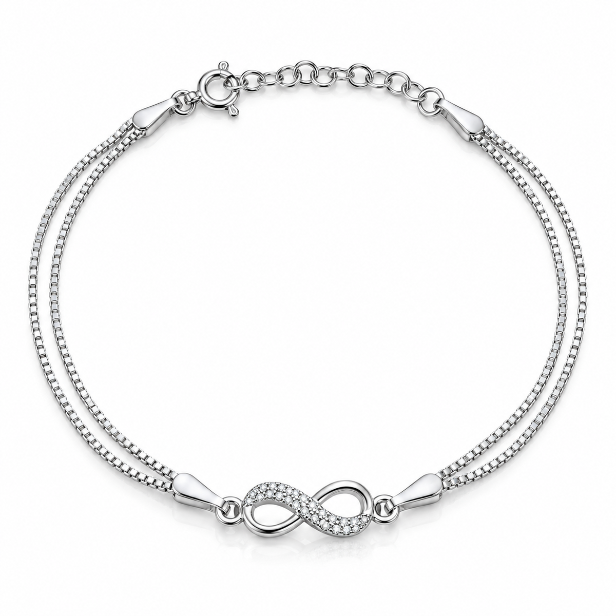 Brățară din argint 925 „Legământ Infinit” cu lanț dublu și pietre incolore, ajustabilă 18+3 cm. BD475