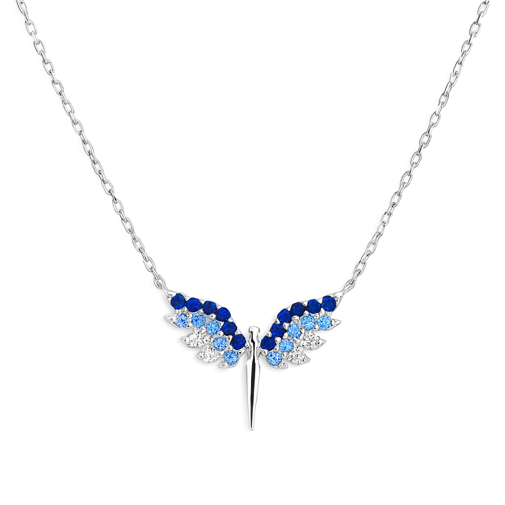 Colier Aripă de Înger din Argint 925 cu Pietre Albastre, Colier Elegant de Damă