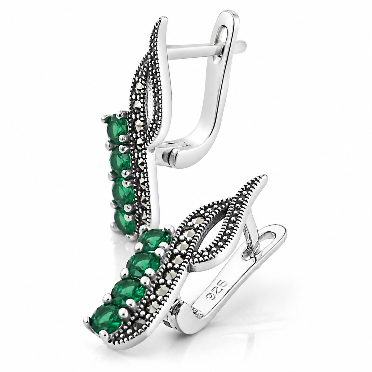 Cercei „Smaraldia” din Argint 925 cu Pietre Verzi și Marcasite – Eleganță Inspirată de Natură. CD659