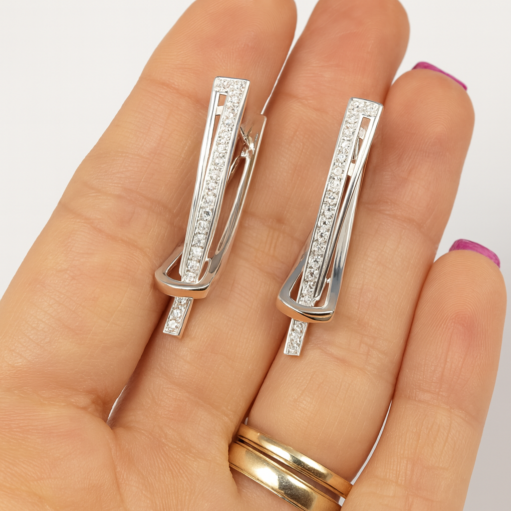 Cercei argint 925 eleganți cu zirconii, 3.5 cm, design modern