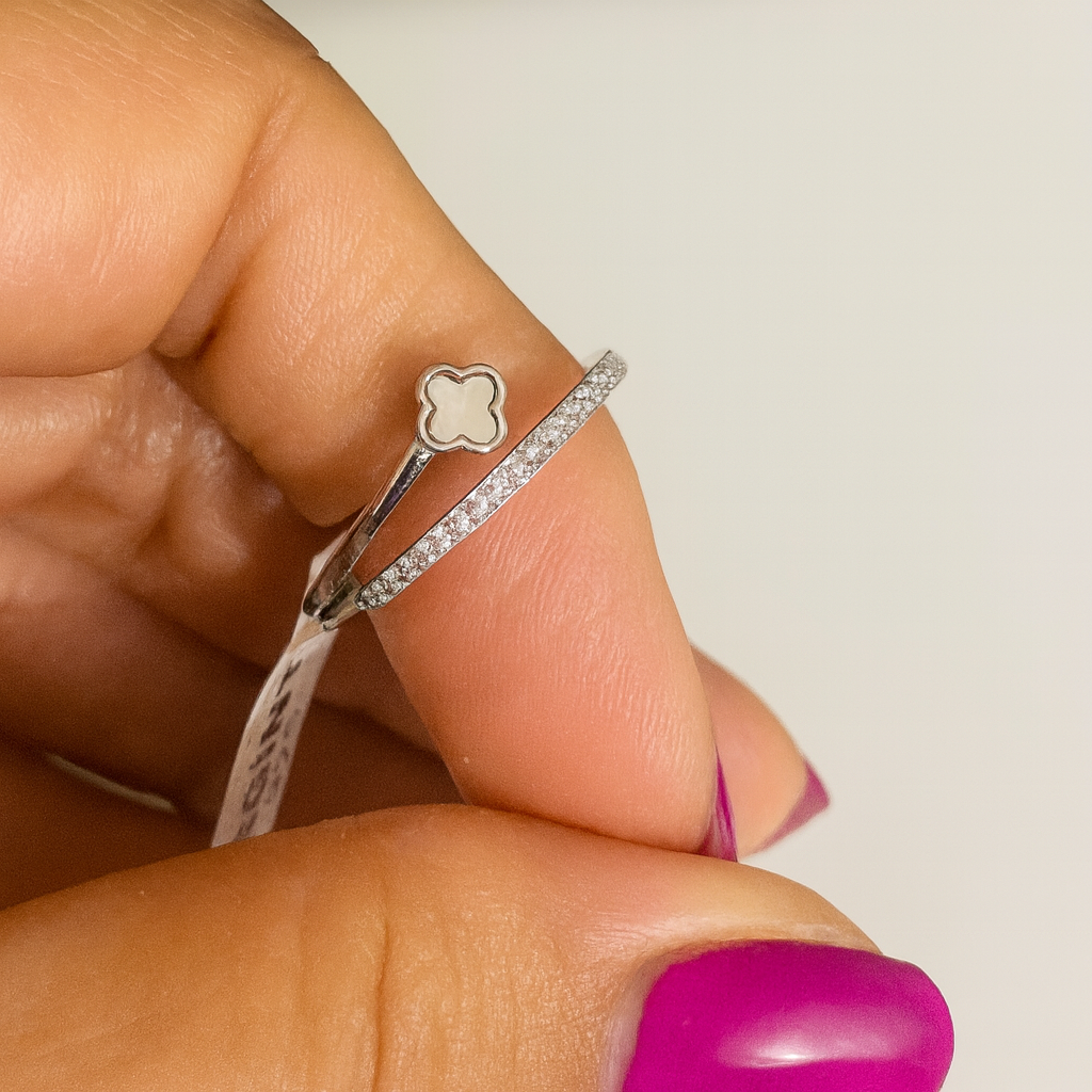 Inel reglabil din argint 925 rodiat cu sidef și simbol trifoi norocos