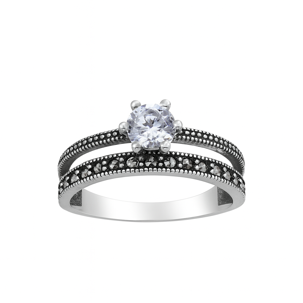 Inel din Argint 925 cu Marcasite și Piatra Centrală Strălucitoare, Vintage Elegant, 2.62 gr, Mărime 19