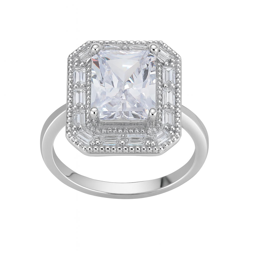 Inel Elegant din Argint 925 cu Piatra Patrata Tip Diamant, Stil Vintage, Mărime 15