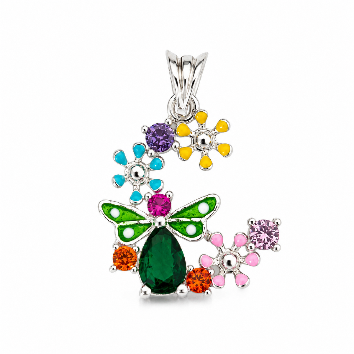 Pandantiv din Argint 925 „Grădina Fermecată” cu Fluturas, Flori Multicolore și Pietre Colorate – 1,5 cm. P67