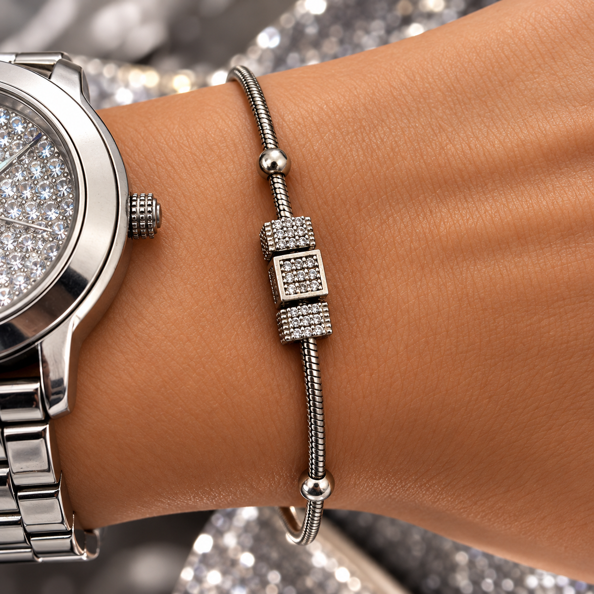Brățară din Argint 925 „Cubic Sparkle” cu Charmuri și Zirconii – 15 cm, 8,50 g