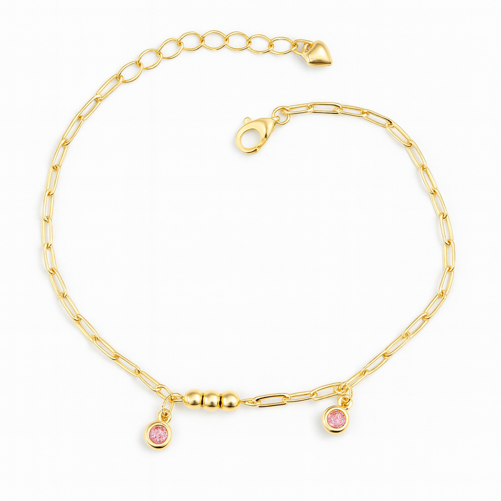 Brățară elegantă din argint 925 placat cu aur de 14K, cu lanț fin și două pietre roz strălucitoare, reglabilă 17+4 cm, prezentată pe fundal alb lucios tip e-commerce.