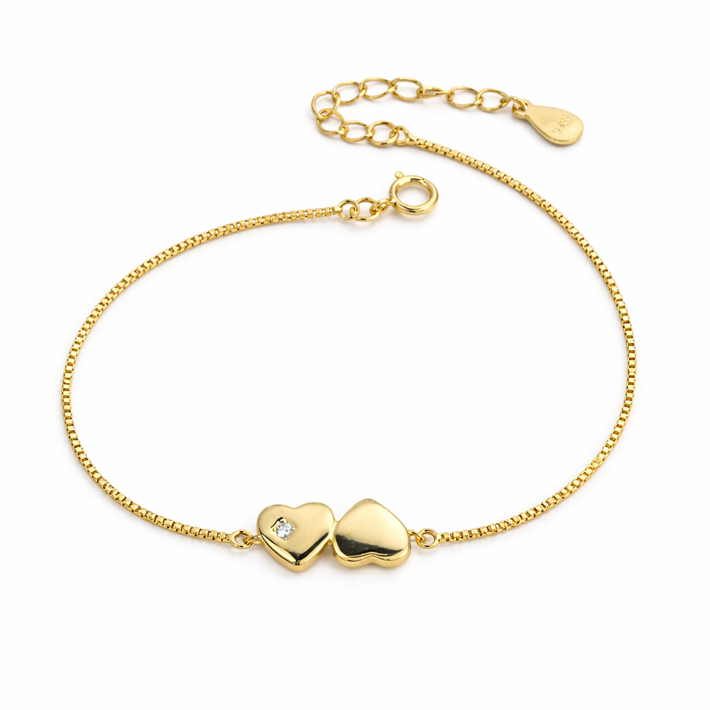 Brățară Argint 925 Placată cu Aur 14K cu Inimi Duble și Cristal – Reglabilă 16+3 cm, Design Elegant și Delicat. BD343