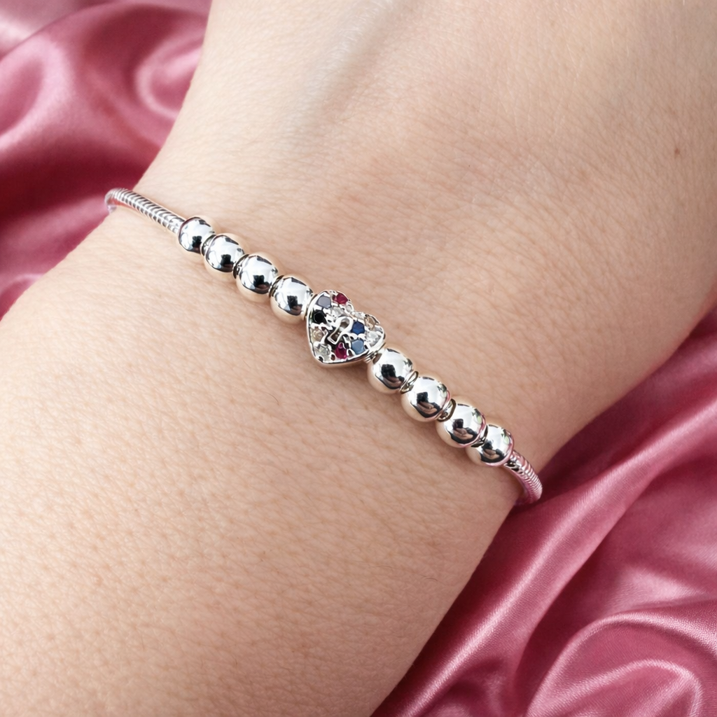 Brățară din Argint 925 cu Charm Inimioară Multicolor, Biluțe 4 mm, Lungime Ajustabilă 18+4 cm. BD411