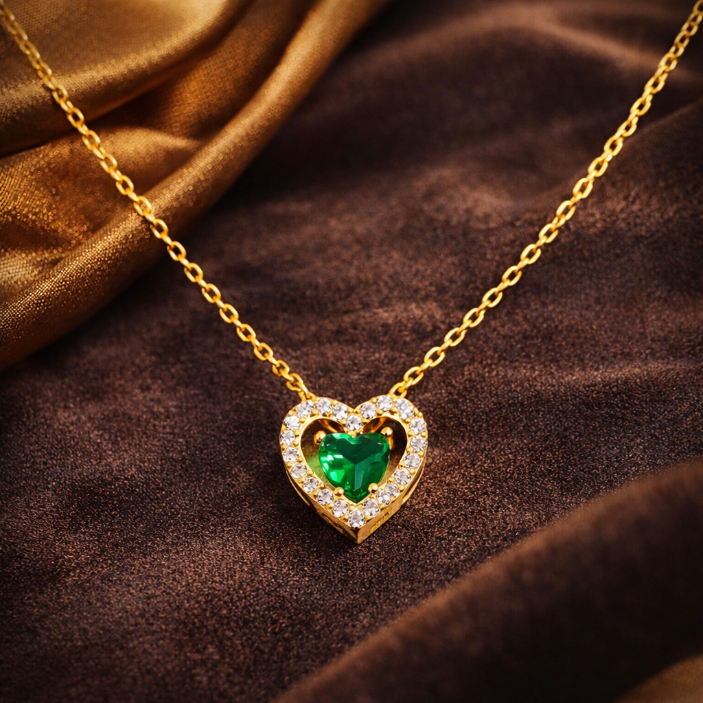 Colier Argint 925 Placat cu Aur 14K cu Pandantiv Inimă Verde 9 mm și Zirconii – Lănțișor Fin Reglabil 40+5 cm. C196