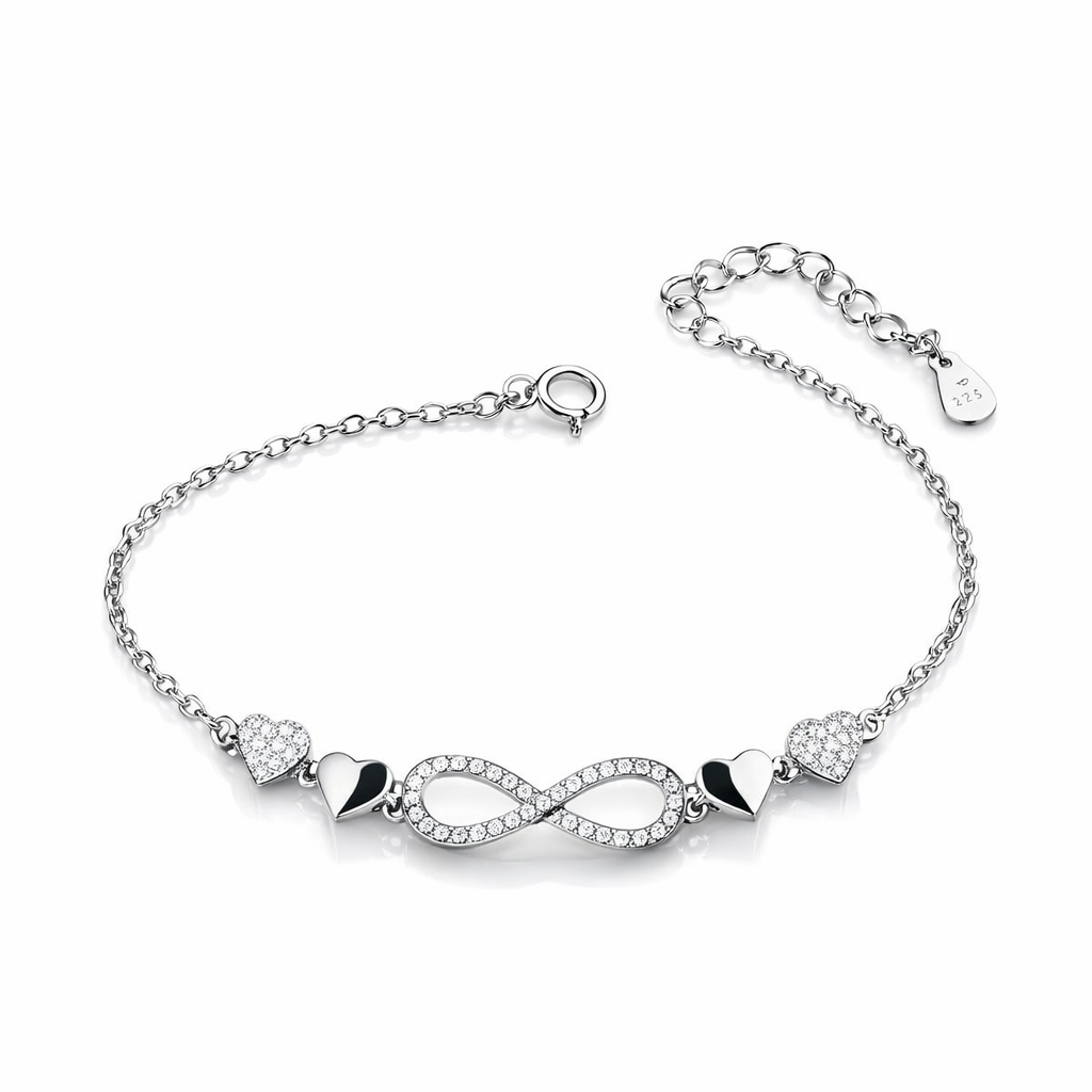 Brățară din Argint 925 Rodiat cu Simbol Infinit și Inimi Pavé, Lungime Ajustabilă 16+3 cm. BD401
