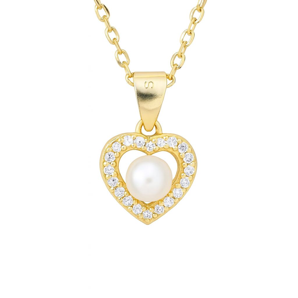 Colier din argint 925 placat cu aur 14K cu pandantiv inimă și perlă naturală, bijuterie elegantă 