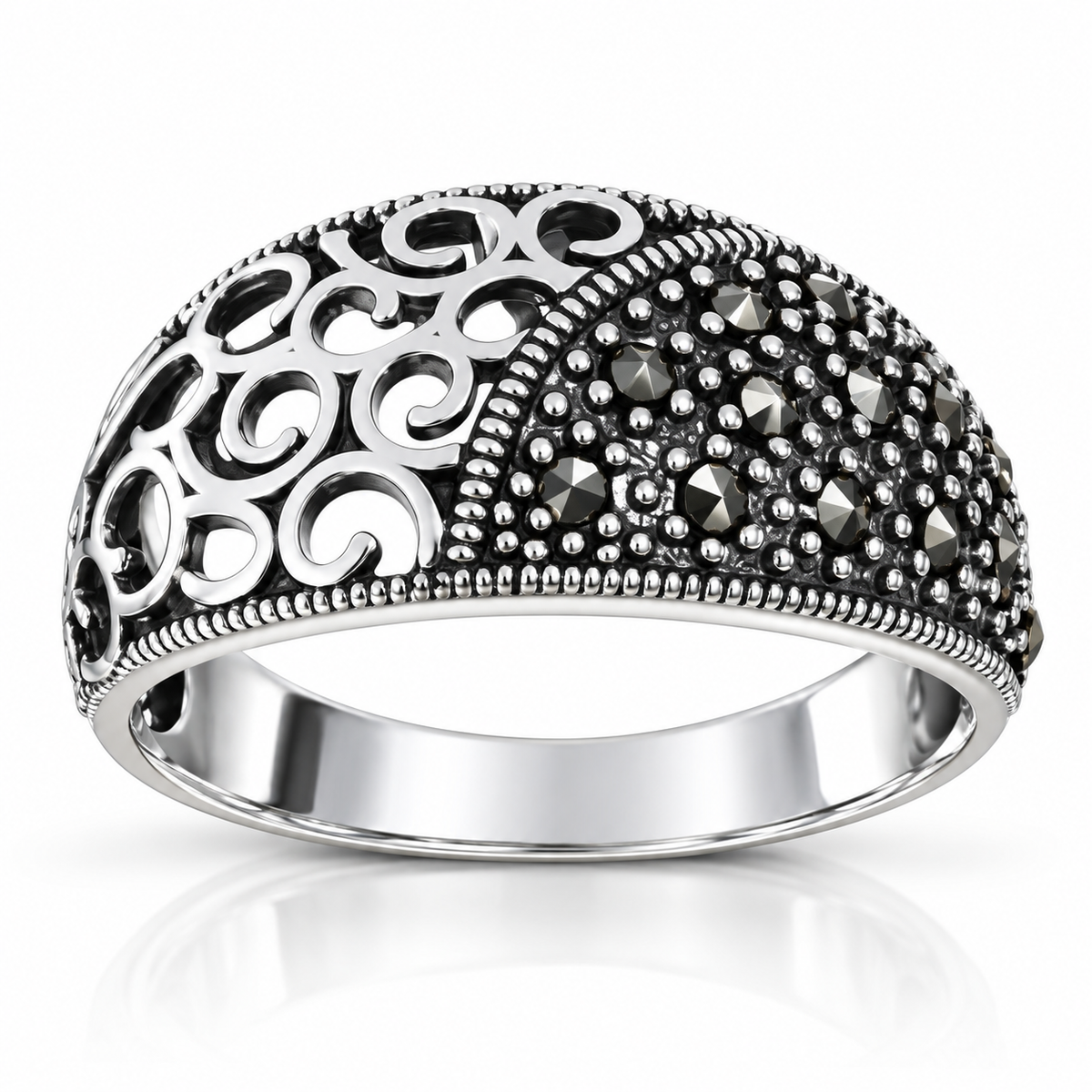 Inel „Éloïse” din argint 925 cu marcasite și arabescuri ajurate – 10 mm. ID578