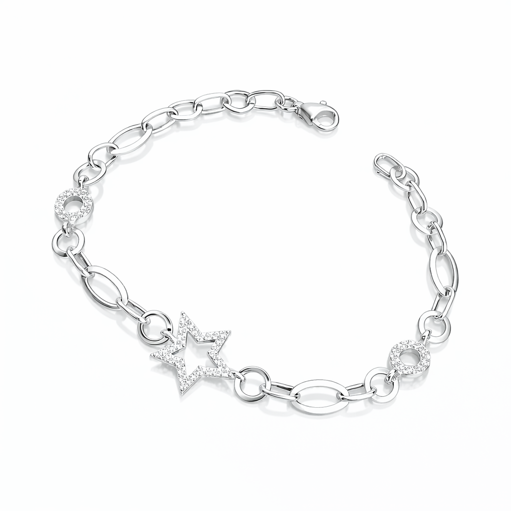 Bratara din Argint 925 cu Stea 1.5 cm si Zirconii – Lant Modern 18 cm, 4.55 g. BD384