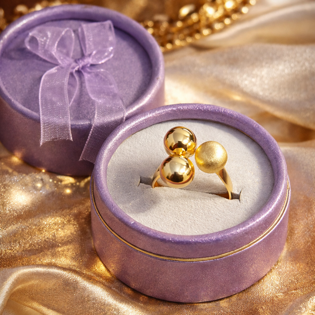 Inel Reglabil din Argint 925 Placat cu Aur 14K cu Biluțe de 8 mm – Inel Elegant Modern pentru Femei, Mărime Ajustabilă