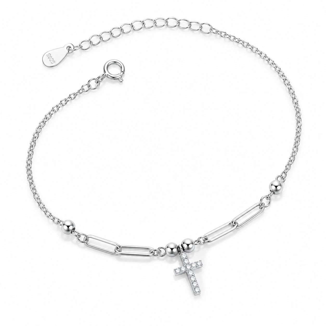 Brățară din Argint 925 Rodiat cu Cruce și Zirconii – Elegantă, Reglabilă 16+3 cm – Infinity Bijoux. BD438