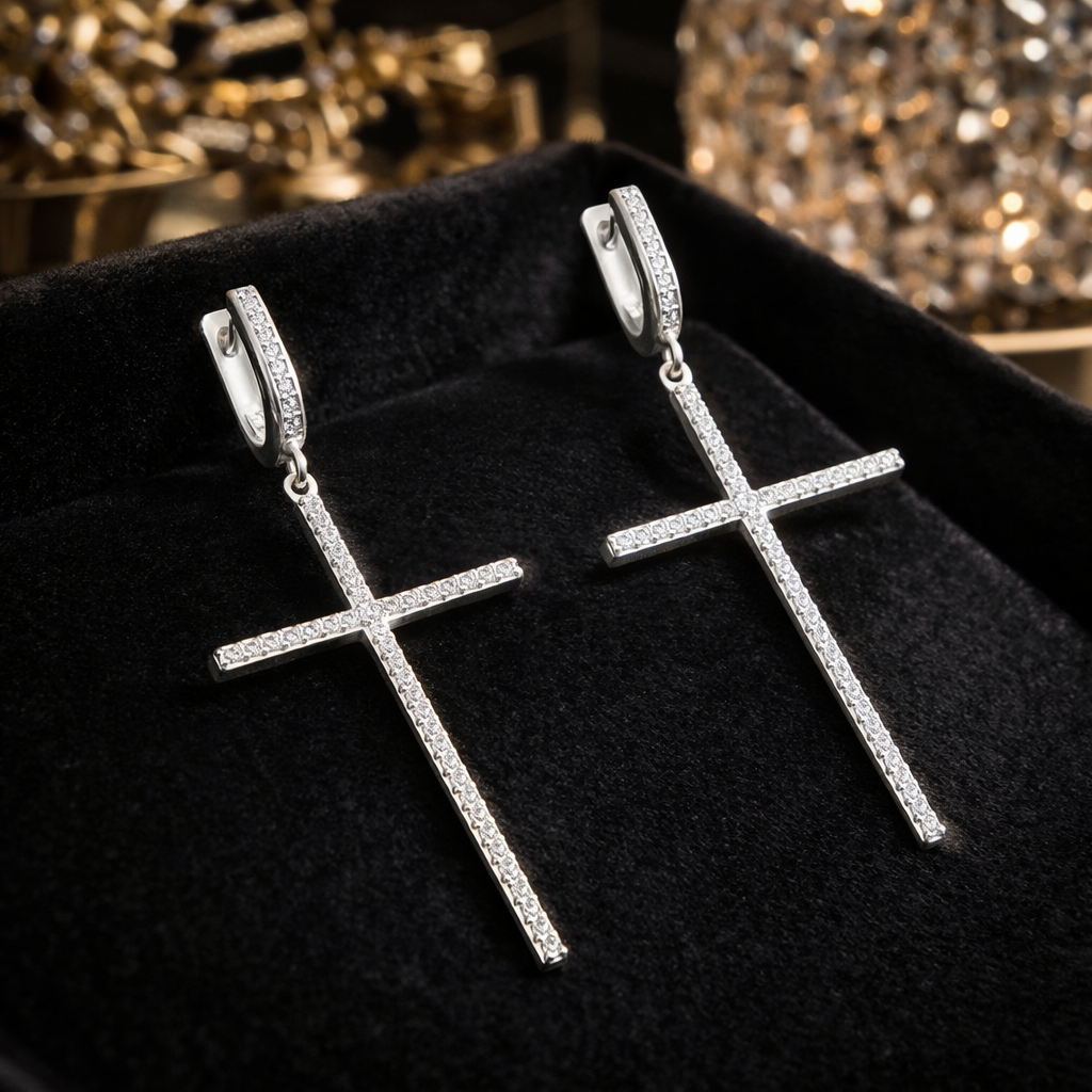 Cercei Lungi Cruce din Argint 925 cu Zirconii – 5.5 cm | Eleganță Divină și Strălucire Premium. CD571