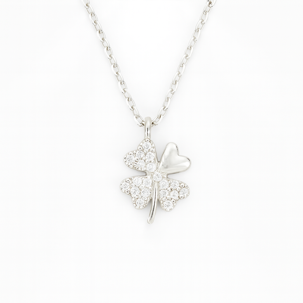 Colier trifoi cu patru foi din argint 925 rodiat cu pandantiv strălucitor și inimă, simbol al norocului și iubirii