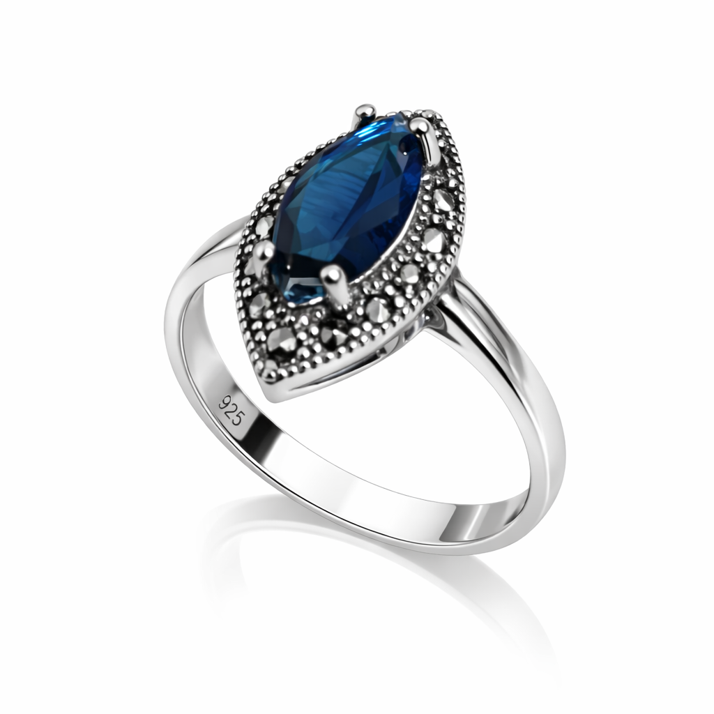 Inel din Argint 925 „Nocturna Regală” cu Marcasite și Piatra Albastră Marquise. ID504