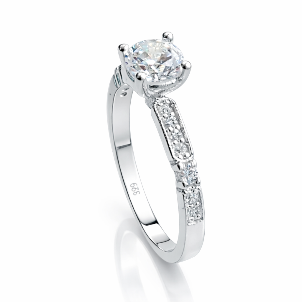 Inel Logodnă Argint 925 cu Zirconiu Central Briliant și Pave Lateral – Elegant, Fin, 2.7g. ID400