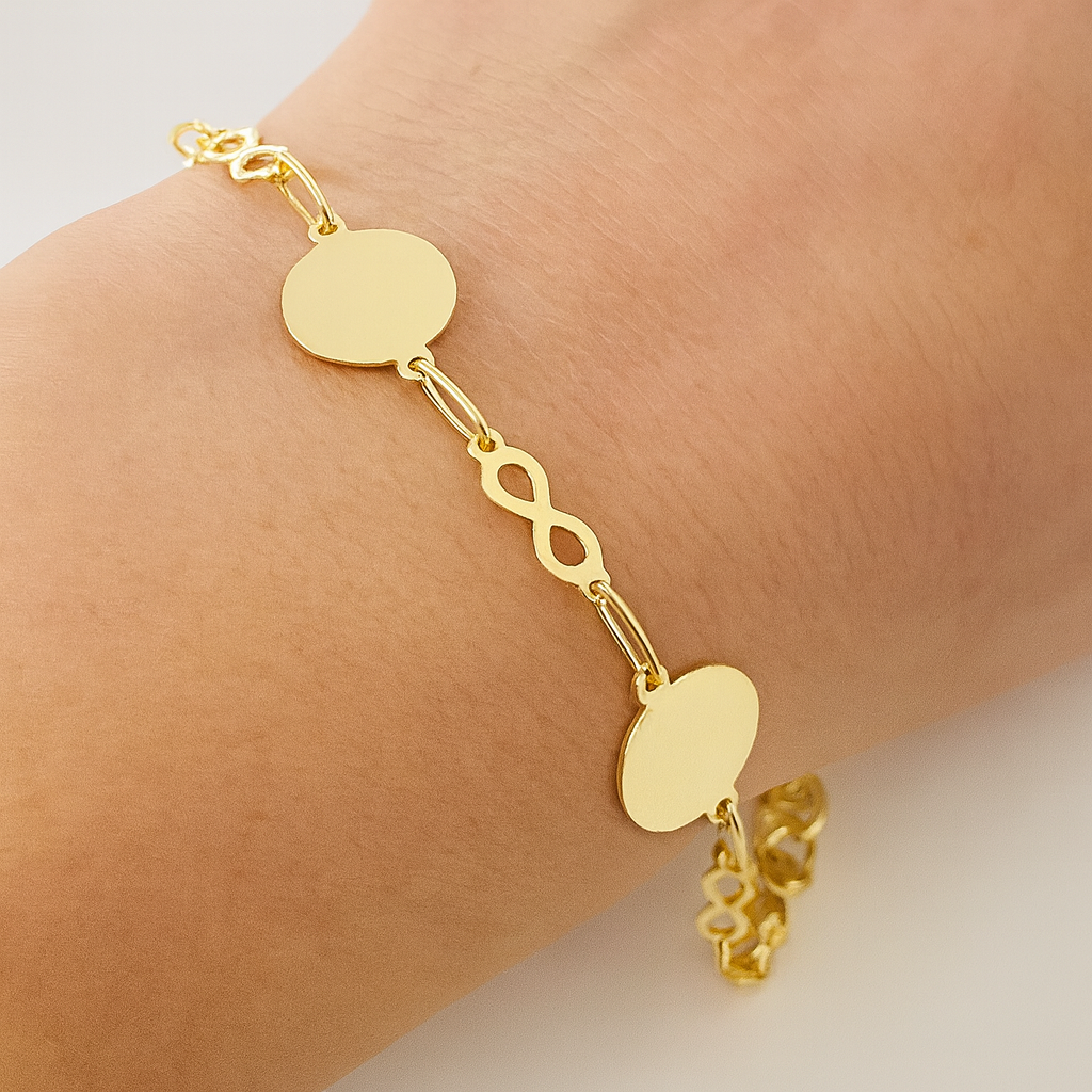 Brățară Elegantă din Argint 925 Placată cu Aur de 14K, Model cu Discuri și Simbol Infinit