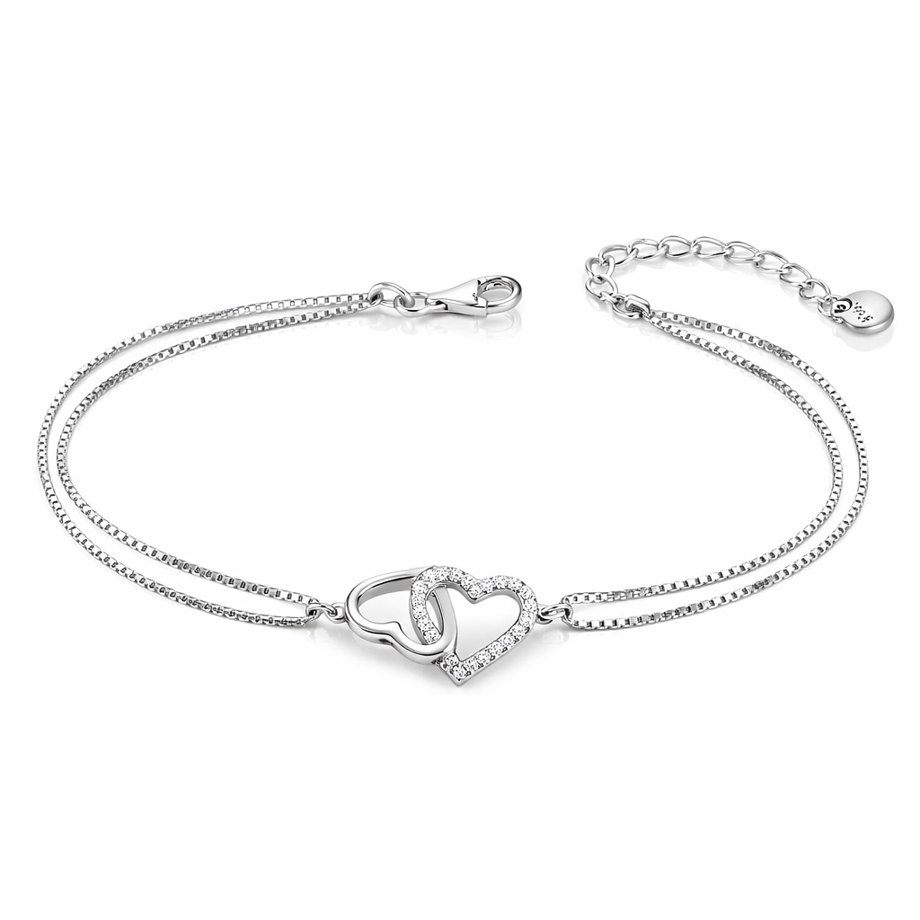 Brățară din Argint 925 Rodiat cu Inimioare Împletite, Lanț Dublu, Lungime Ajustabilă 17+3 cm. BD392