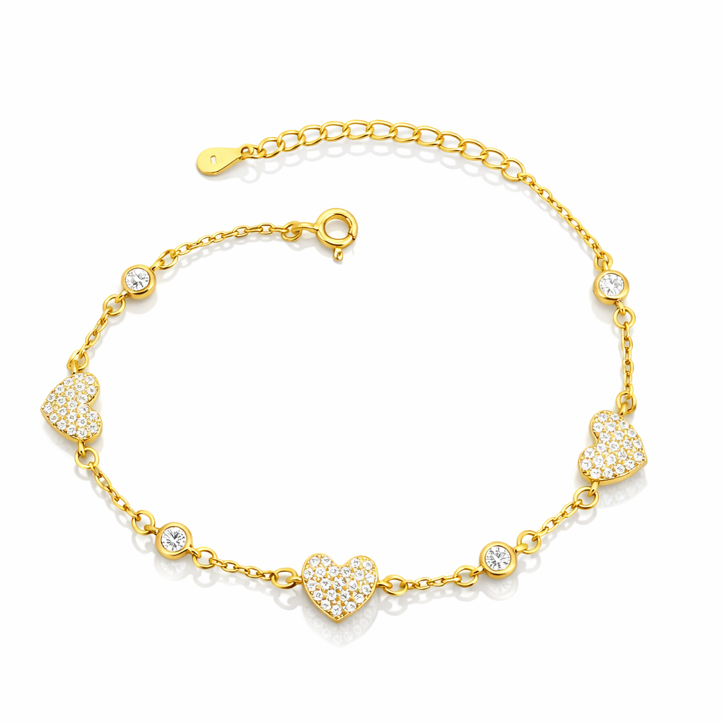 Brățară Argint 925 Aurit cu Inimioare Zirconia – Reglabilă 16+3 cm, Model Elegant Romantic. BD394
