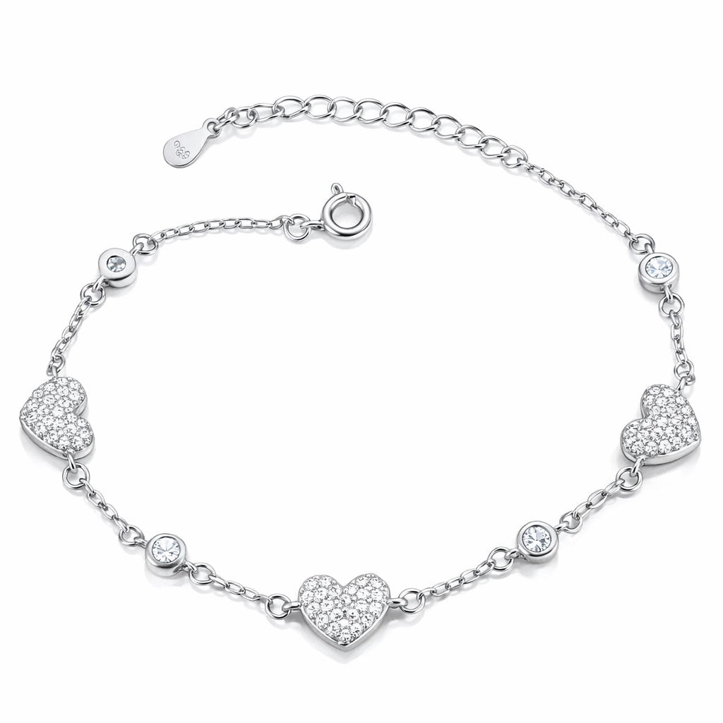 Brățară Argint 925 Rodiat „Trinity Hearts” – Eleganță Strălucitoare cu Inimi Pavé. BD395