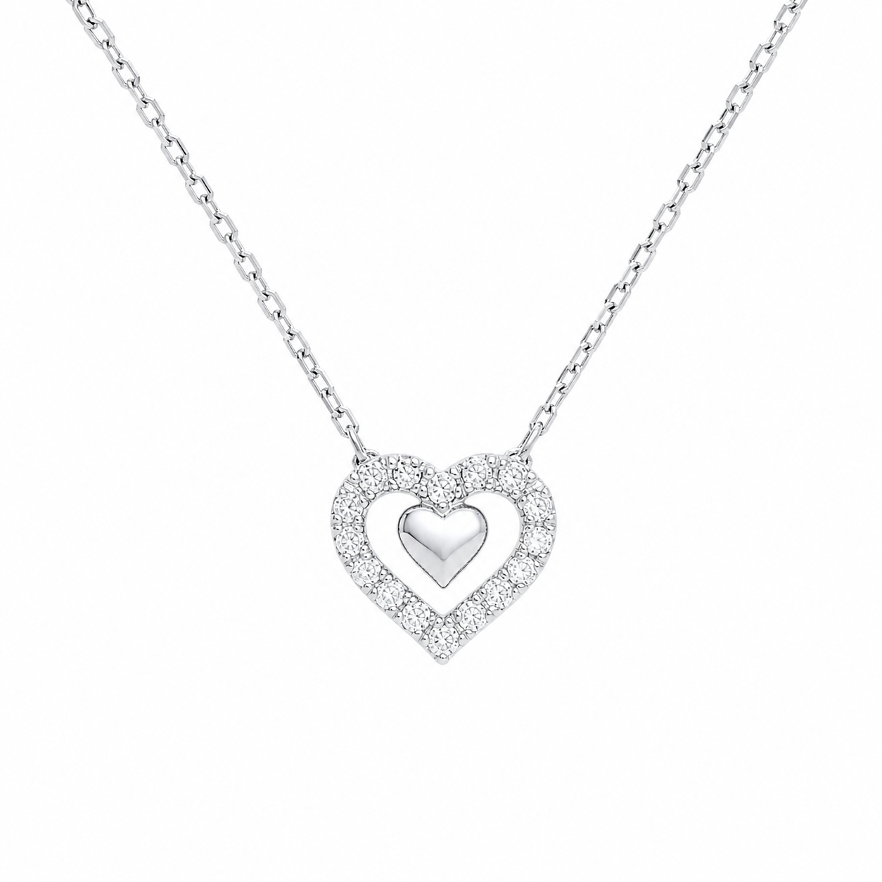 Colier din Argint 925 cu Pandantiv Inimă Dublă și Zirconii – Elegant, Delicat, Reglabil 40+5 cm. C238