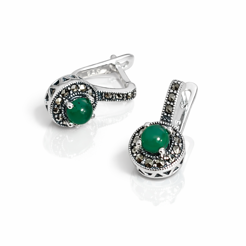Cercei Argint 925 cu Agat Verde și Marcasite – Eleganță Vintage, Tortiță Englezească. CD570