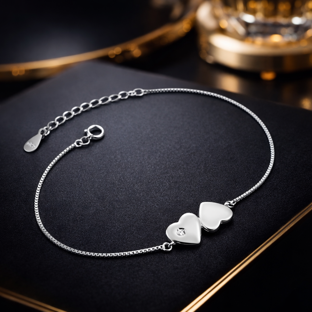 Brățară Argint 925 Rodiat cu Două Inimi – Simbolul Iubirii Infinite, Reglabilă 16+3 cm, Elegantă și Delicată. BD426
