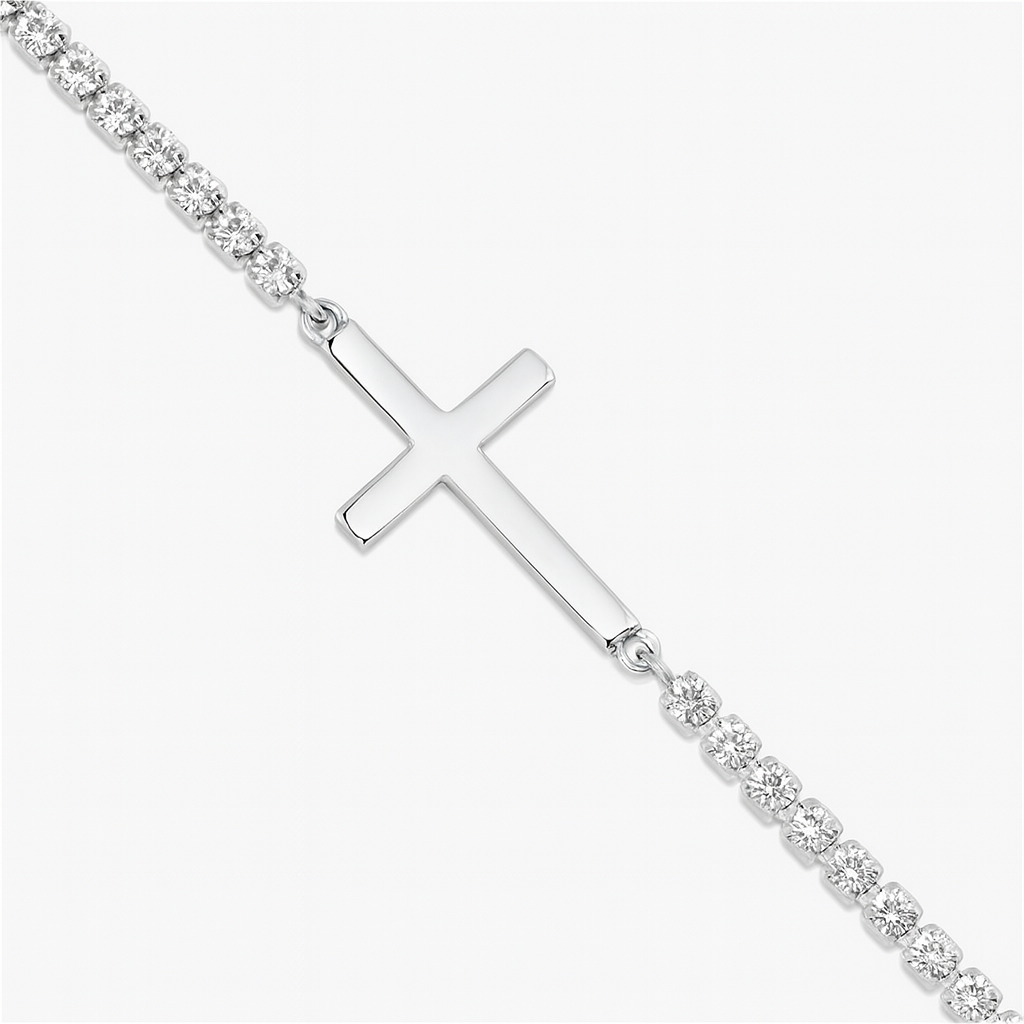 Brățară tenis din argint 925 cu cruce, bijuterie elegantă pentru femei, lungime ajustabilă 16+3 cm, greutate 3.20 grame, pietre strălucitoare zirconiu, ambalaj cadou de lux, verificată și marcată ANPC. Vedere la elementul central