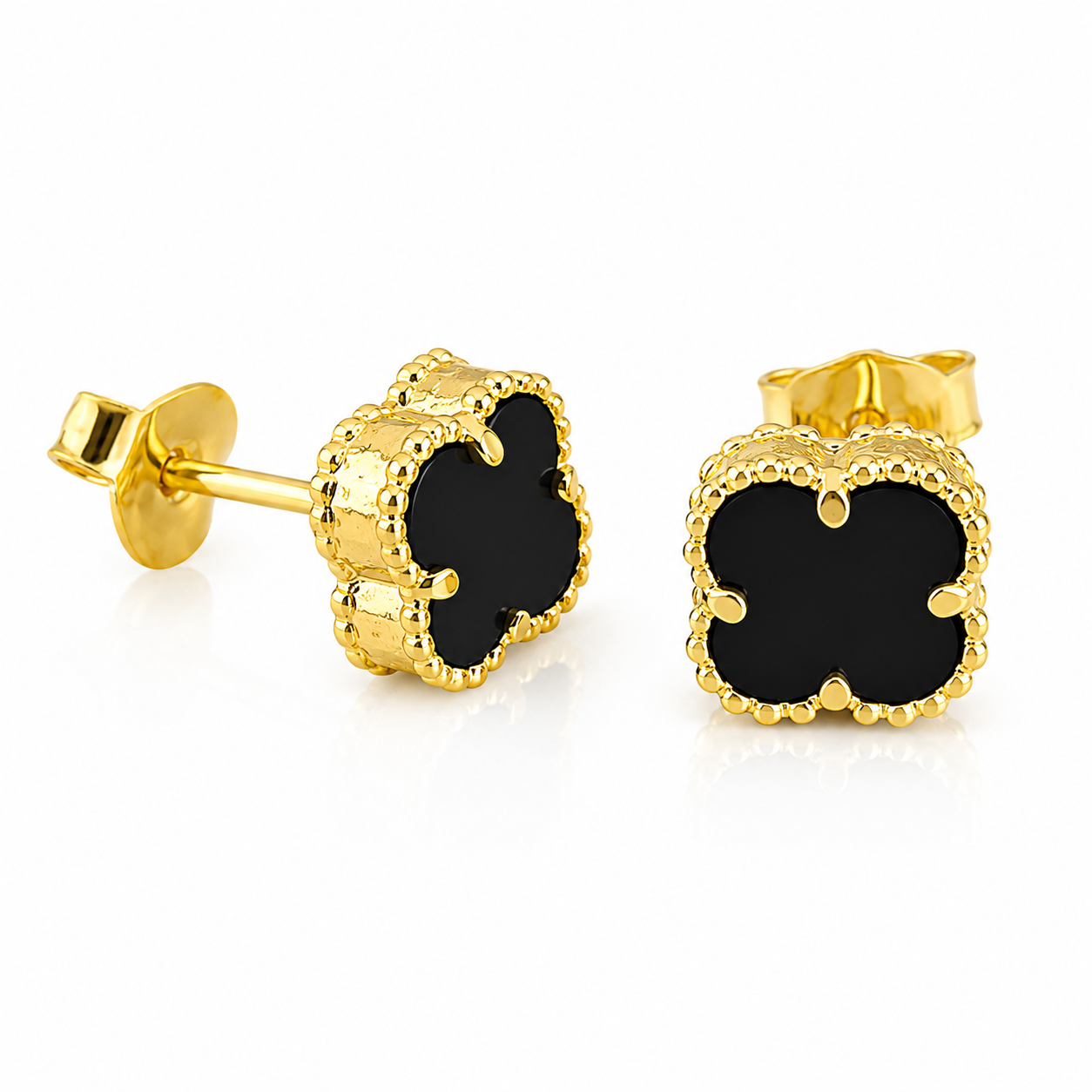 Cercei din Argint 925 Placați cu Aur 14K, Tip Van Cleef, Trifoi Negru – Eleganță Clasică și Noroc în Fiecare Detaliu. CD286