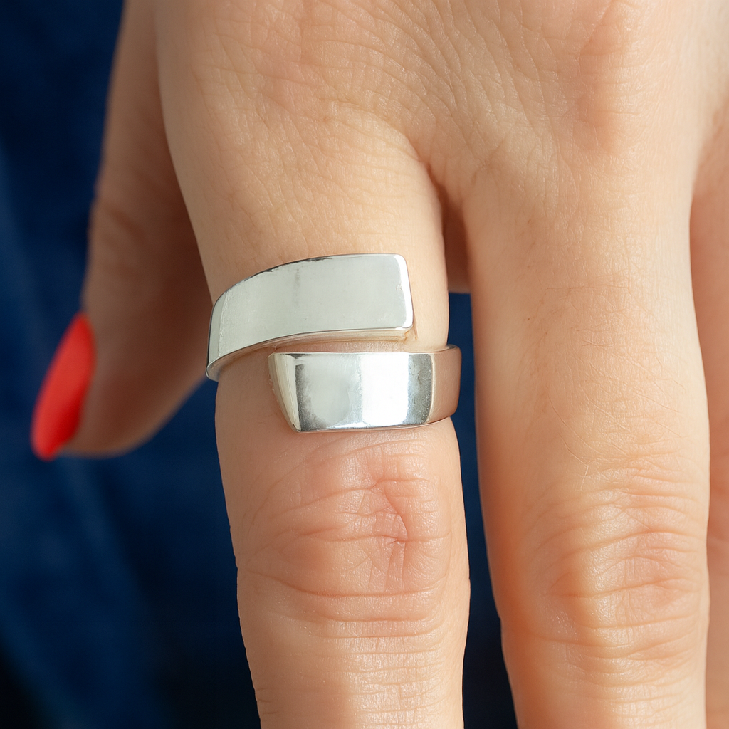 inel reglabil din argint 925 cu design geometric modern, finisaj lucios, PE DEGET