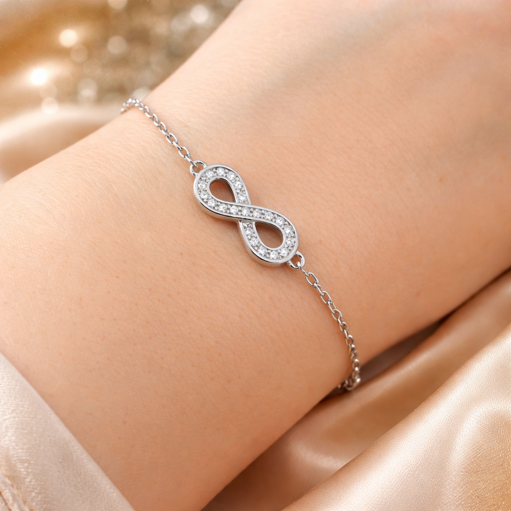 Brățară Argint 925 Rodiat cu Simbol Infinit și Zirconii – Lungime Reglabilă 17+4 cm. BD403