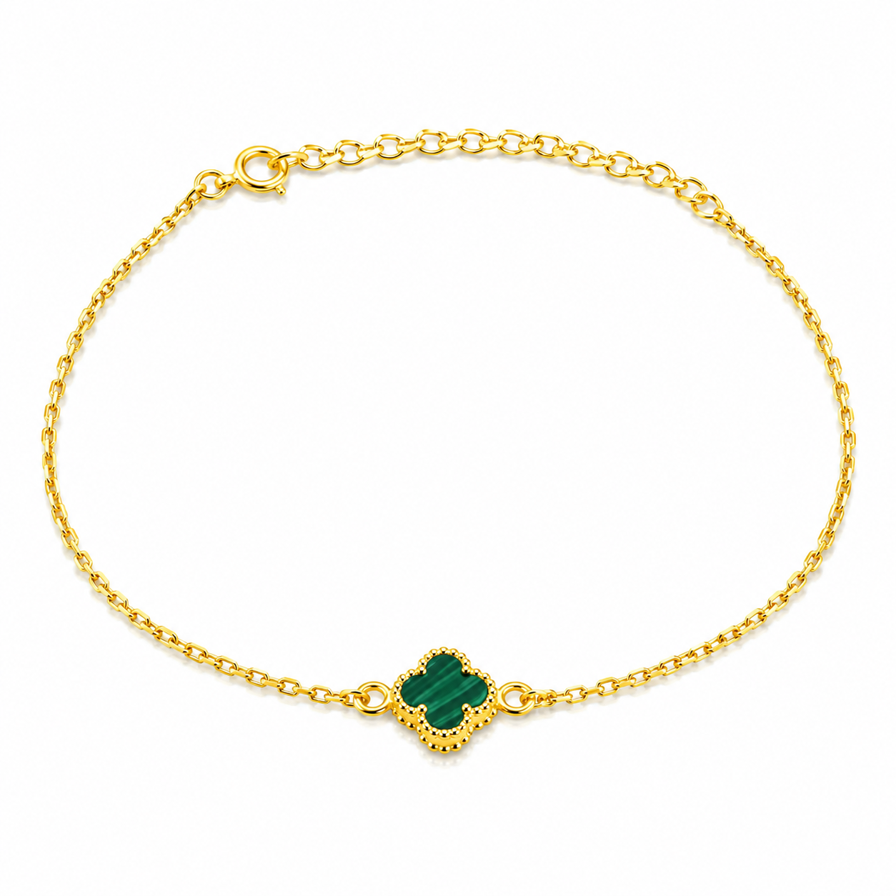 Brățară Clover Green Luxury din Argint 925 Placat cu Aur 14K și Malachit Verde – Model Inspirat Van Cleef, Ajustabilă 18+4 cm. BD303