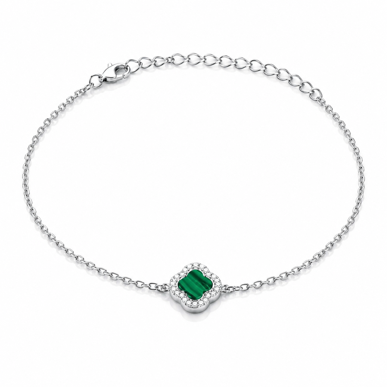 Brățară din Argint 925 Rodiat cu Malachit Verde Natural, Model Clover Luxury Tip Van Cleef, Ajustabilă 18+4 cm. BD320