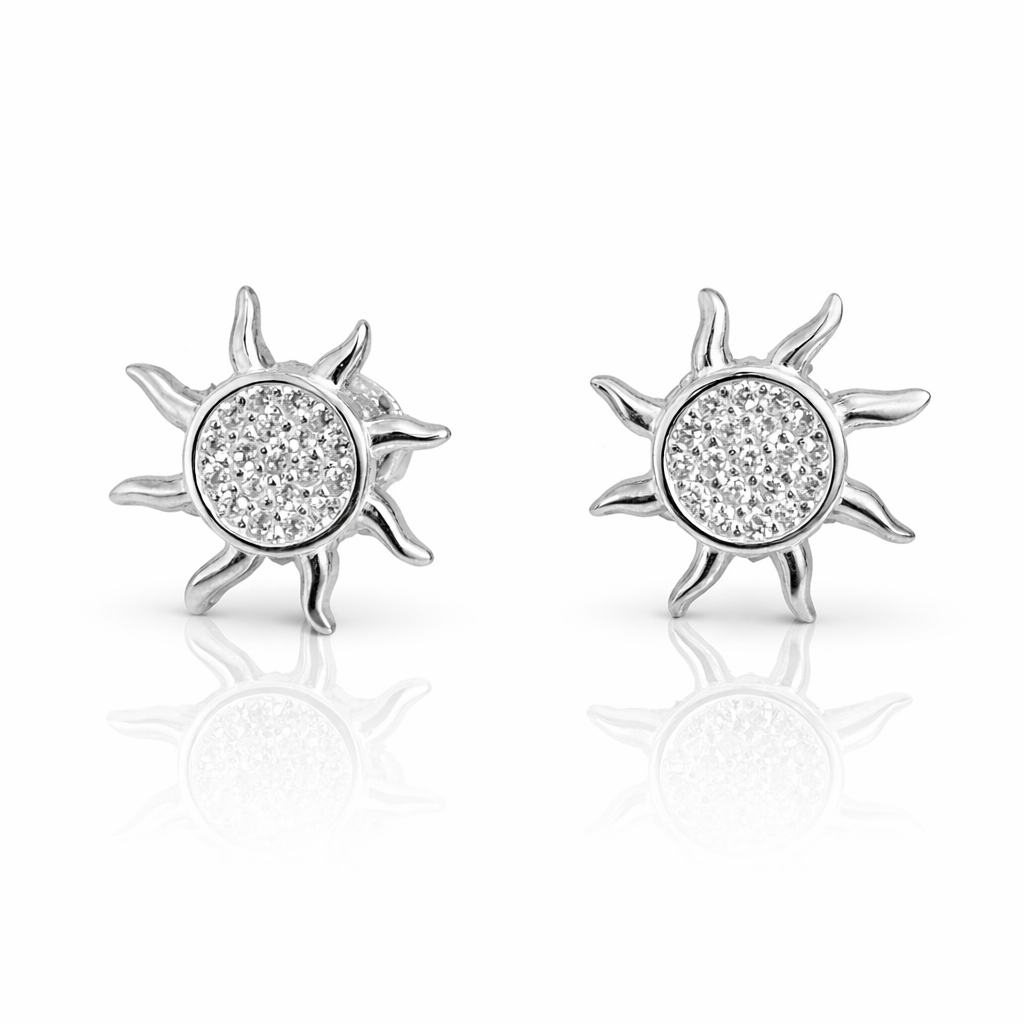 Cercei din Argint 925 în Formă de Soare cu Pietre Strălucitoare – 14 mm, Închidere Tip Șurub, Eleganță Modernă. CD543
