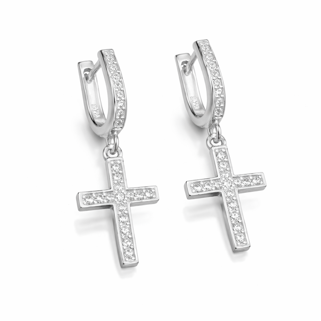 Cercei din Argint 925 cu Cruce și Zirconii Strălucitoare – Cercei Damă Eleganți cu Tortiță, 2.8 cm. CD528
