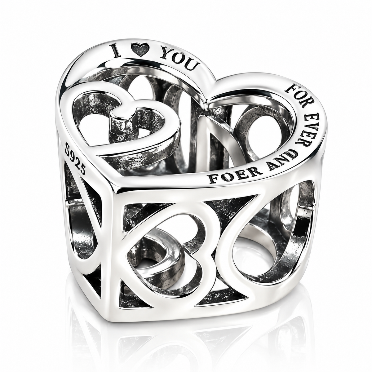 Charm Inimă Dublă „I ♥ You Forever and Ever” din Argint 925 – Simbolul Iubirii Eterne, Compatibil Pandora. T245
