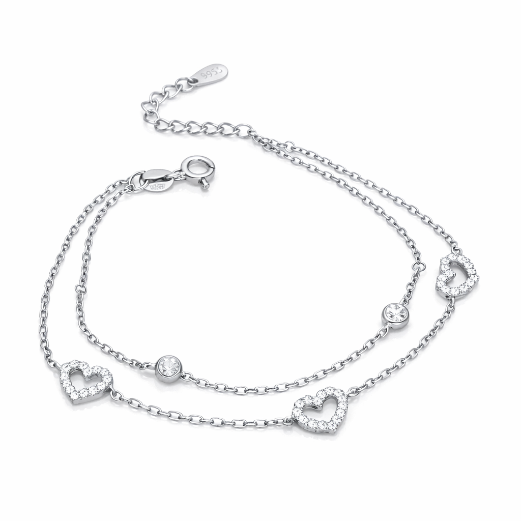 Brățară Argint 925 Rodiat cu Inimioare și Cristale Zirconia, Fir Dublu Elegant, Lungime Reglabilă 17+3 cm. BD397