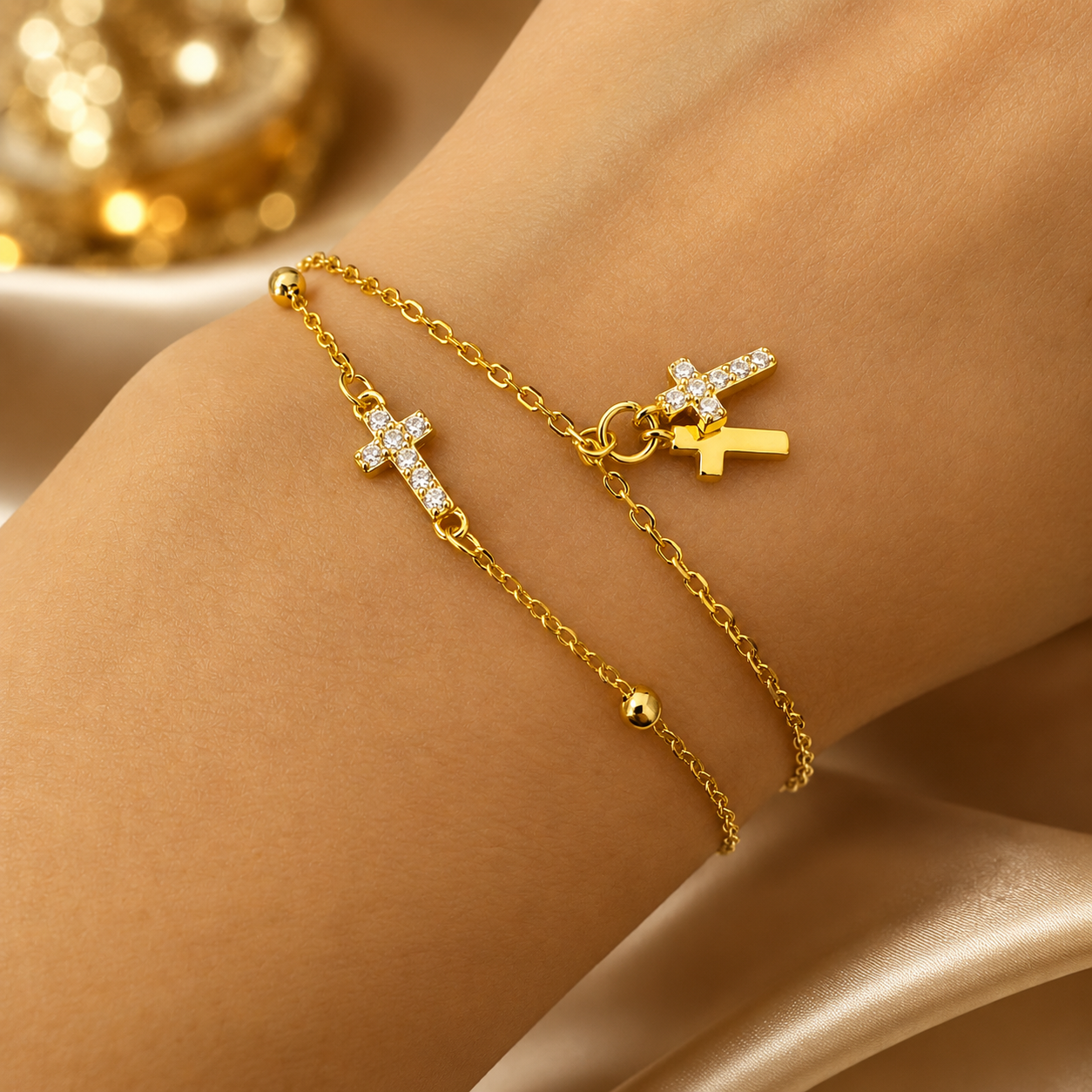 Brățară din Argint 925 Placată cu Aur 14K cu Dublu Lanț și Cruci – Elegantă, Reglabilă 17+3 cm, Zirconii Strălucitoare. BD432