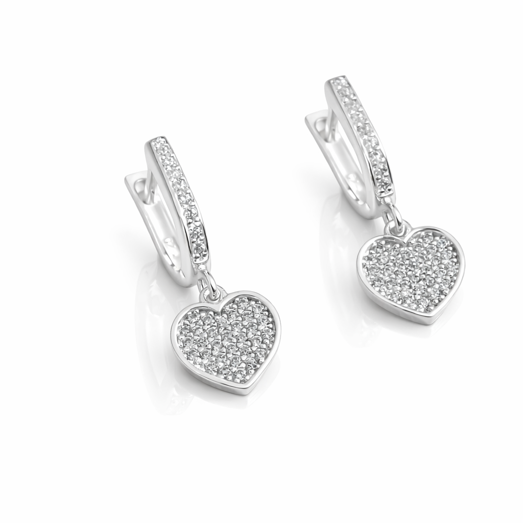 Cercei din Argint 925 cu Inimioare Pavé Strălucitoare – Eleganță Fină, Tortiță cu Zirconii, 23 mm. CD521