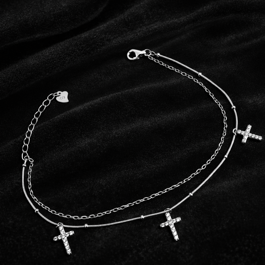Brățară Dublă Argint 925 Rodiat „Trinity Shine” cu 3 Cruciulițe cu Zirconii – Elegantă și Reglabilă. BD213