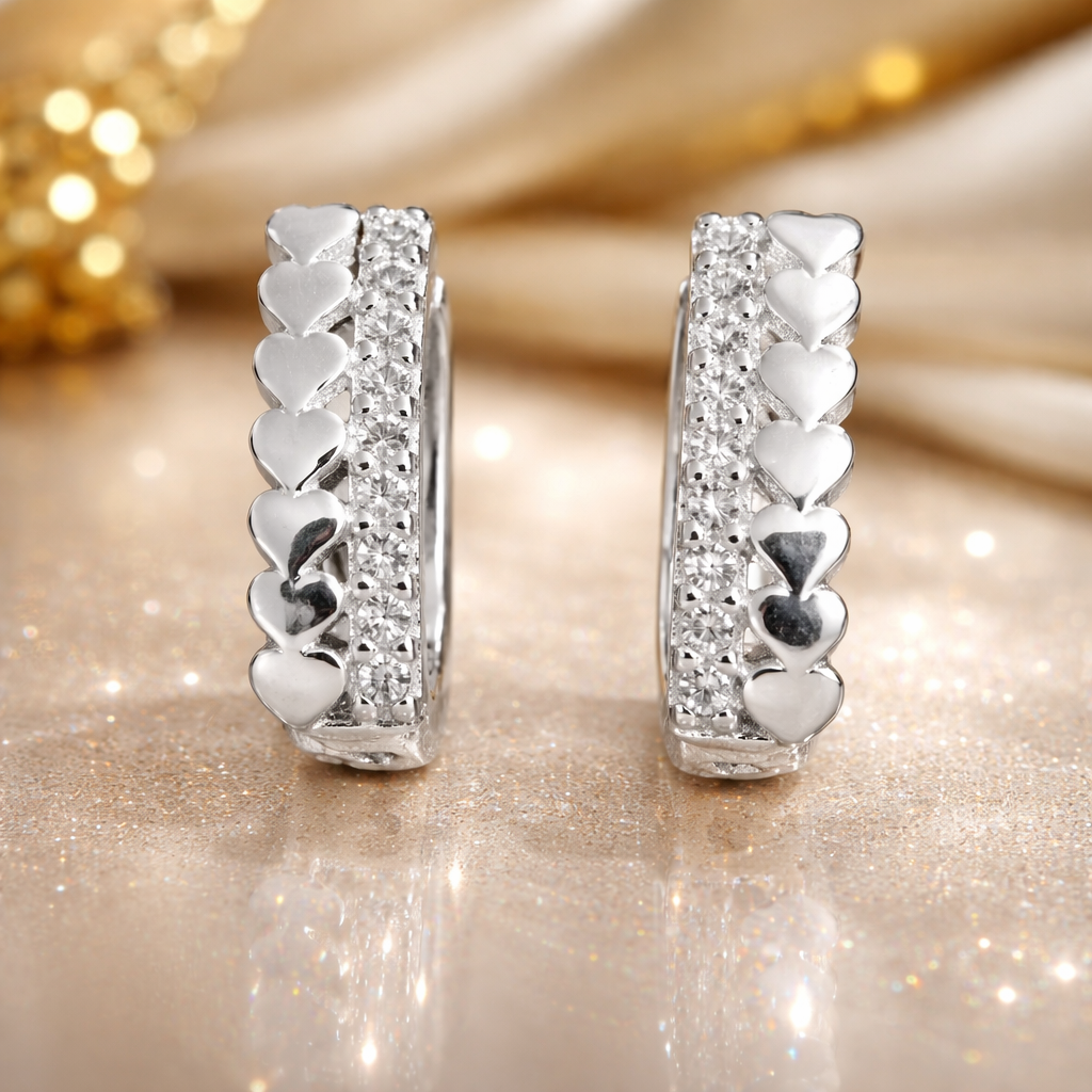 Cercei din Argint 925 cu Inimi Delicate și Zirconii Strălucitoare, 14 mm – Eleganță Romantică și Finisaj Premium. CD526