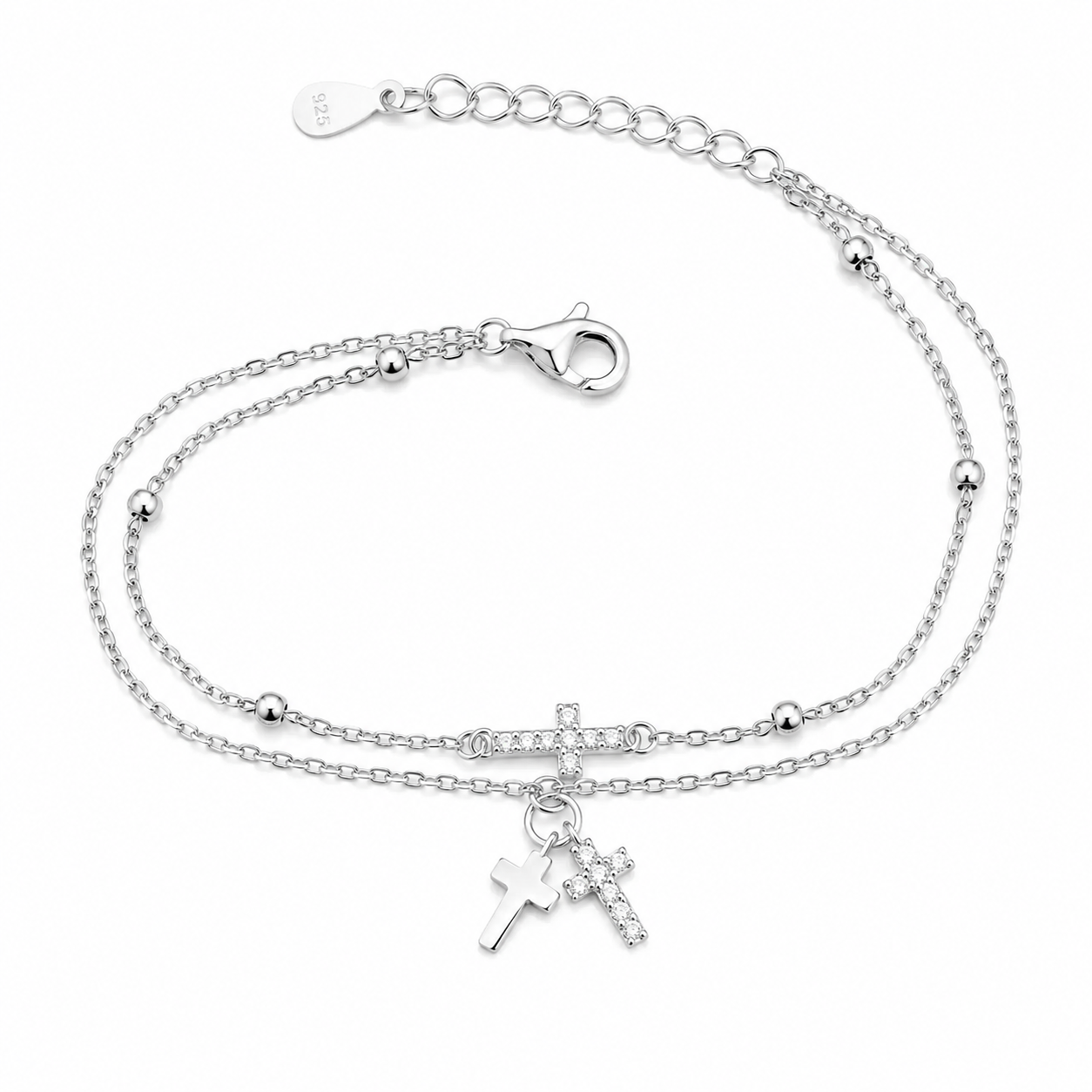 Brățară Dublă din Argint 925 cu Cruciuțe și Zirconii – Brățară Elegantă Reglabilă pentru Femei, 17+3 cm. BD431