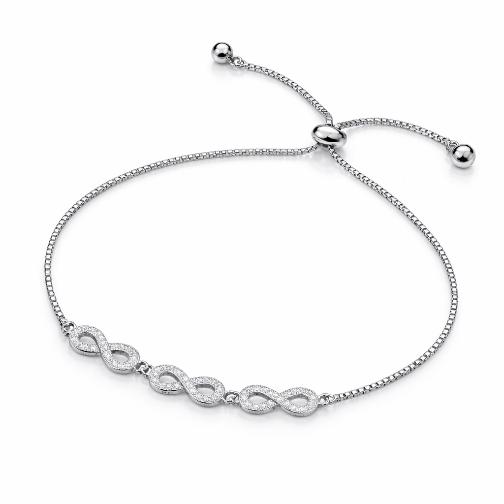 Brățară Argint 925 Rodiat cu Simboluri Infinit și Cristale – Reglabilă, Elegantă. BD389
