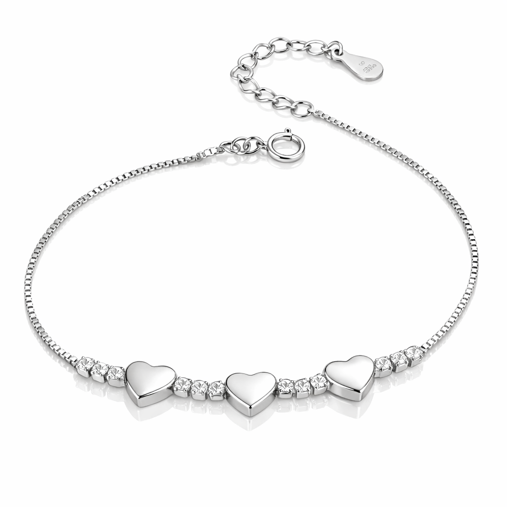 Brățară Argint 925 Rodiat cu Inimi și Zirconii – Elegantă, Reglabilă 16+3.5 cm, Cadou Premium. BD420