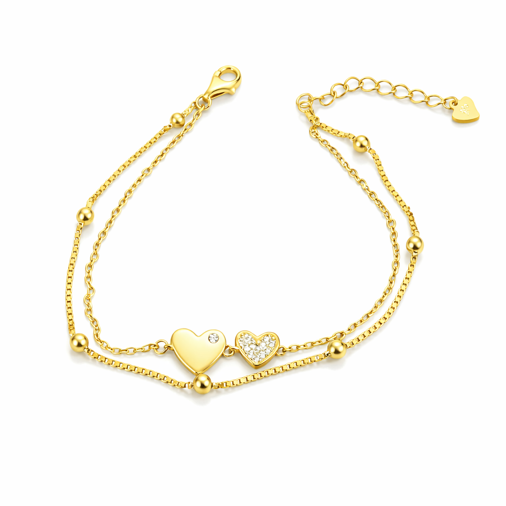 Brățară din Argint 925 Placată cu Aur 18K cu Inimi și Zirconii – Brățară Dublă Elegantă pentru Femei, Lungime Ajustabilă 18+3 cm