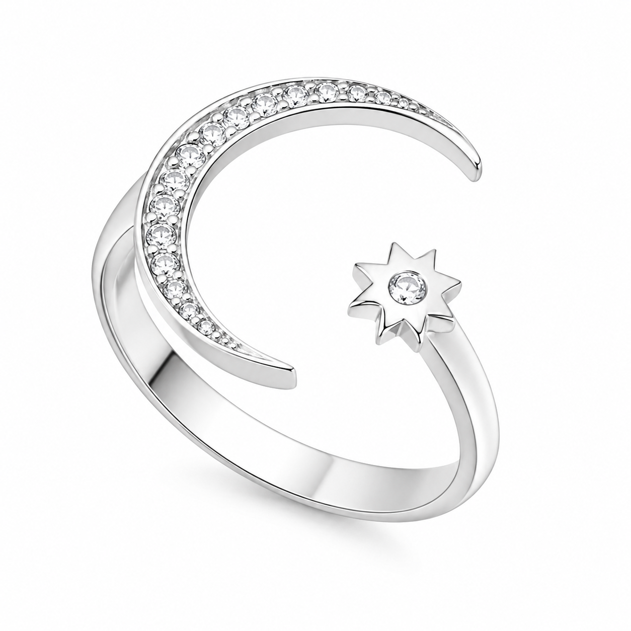 Inel Reglabil din Argint 925 Rodiat „Luna și Steaua” cu Zirconii – Aspect Aur Alb, Design Celest Elegant. ID523